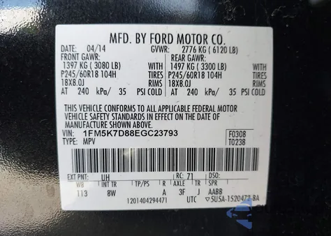 2014 Ford Explorer Xlt Fwd Xlt z USA, uszkodzony, nr VIN 1FM5K7D88EGC23793